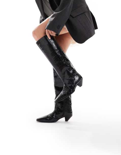 ASOS DESIGN Catch leather pull on knee boots in black croc - view 1