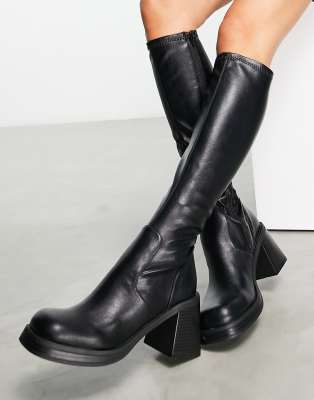 Asos Design Catch Mid Heel Sock Knee Boots In Black