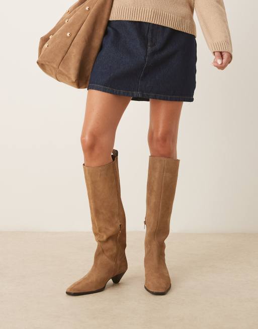 ASOS DESIGN Catch suede pull on knee boots in camel