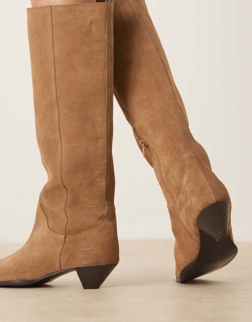 ASOS DESIGN Catch suede pull on knee boots in camel