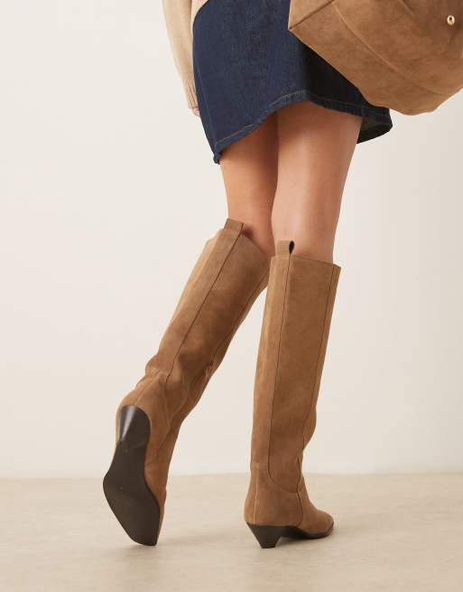 ASOS DESIGN Catch suede pull on knee boots in camel