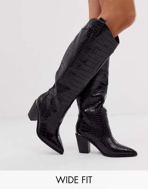 ASOS DESIGN – Catch Up – Czarne, damskie, wsuwane kozaki w stylu kowbojskim ze wzorem imitującym skórę krokodyla
