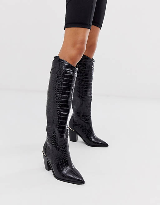 ASOS DESIGN Catch Up western pull on knee boots in black croc