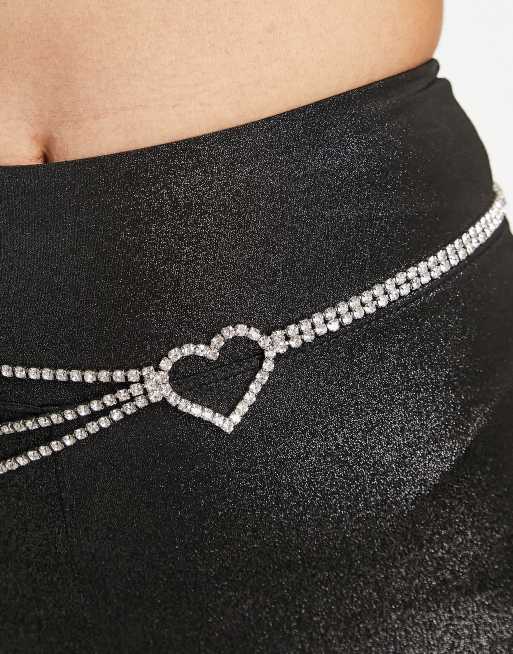 ASOS DESIGN - Catenina da pancia argentata con dettaglio drappeggiato e cuore in cristalli, 3 di 4