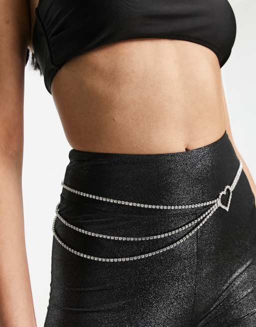 ASOS DESIGN - Catenina da pancia argentata con dettaglio drappeggiato e cuore in cristalli, 4 di 4