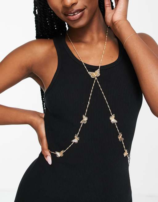ASOS DESIGN - Catenina per il corpo color oro con motivo con farfalla 