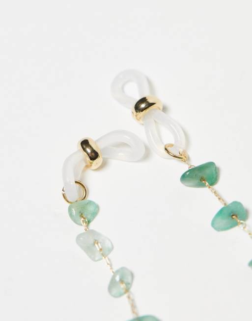 ASOS DESIGN - Catenina per occhiali da sole dorata con frammenti di pietra semipreziosa verde, 4 di 4