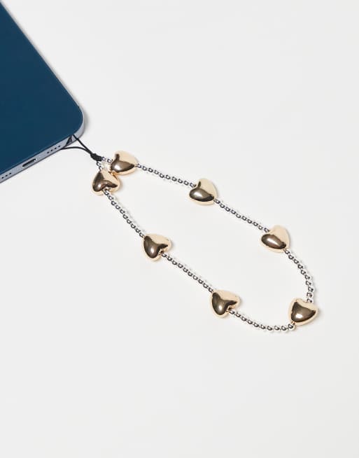 ASOS DESIGN - Catenina per telefono con perline e cuori color oro