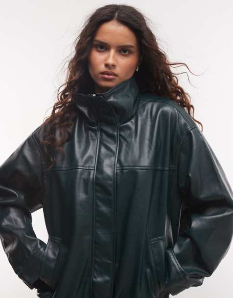 ASOS DESIGN - cazadora bomber con cuello alzado y efecto cuero en verde oscuro - view 1