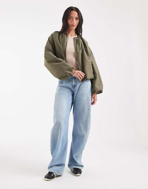 ASOS DESIGN - cazadora bomber corta con bajo abullonado de nailon en caqui - view 1
