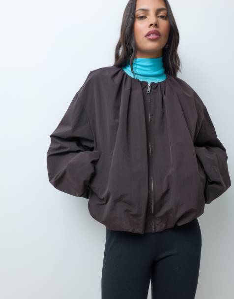ASOS DESIGN - cazadora bomber corta de nailon con bajo abullonado en chocolate - view 1