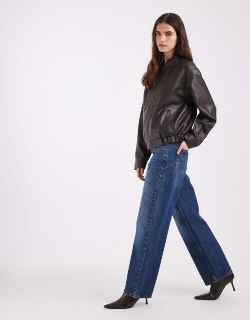 ASOS DESIGN cazadora bomber Harrington con efecto cuero en marrón lavado, 3 de 4