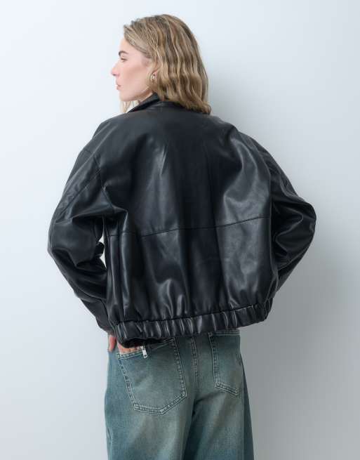 ASOS DESIGN cazadora bomber Harrington efecto cuero negra, 4 de 5