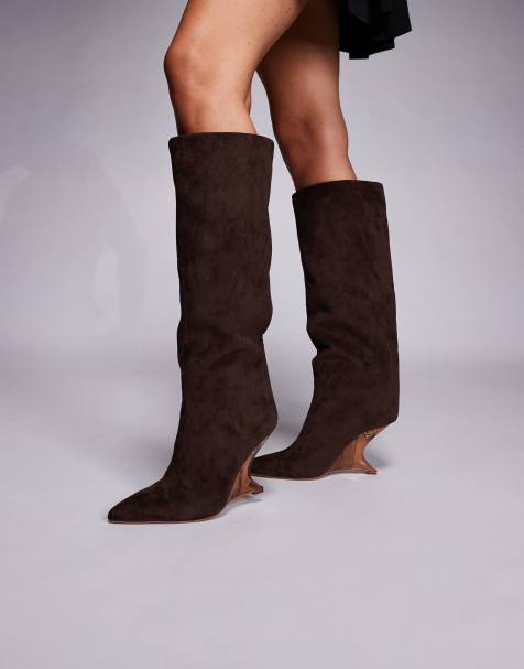 ASOS DESIGN Cece wedge pull on knee boots in chocolate suedette - view 1