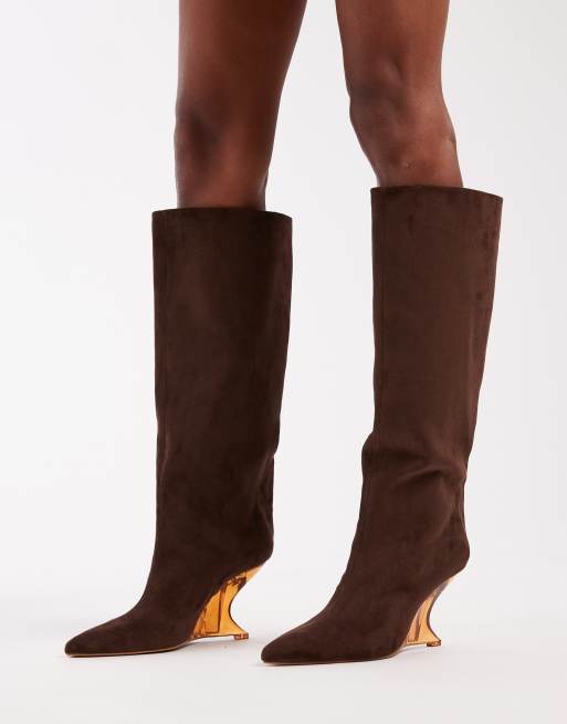 ASOS DESIGN Cece wedge pull on knee boots in chocolate suedette