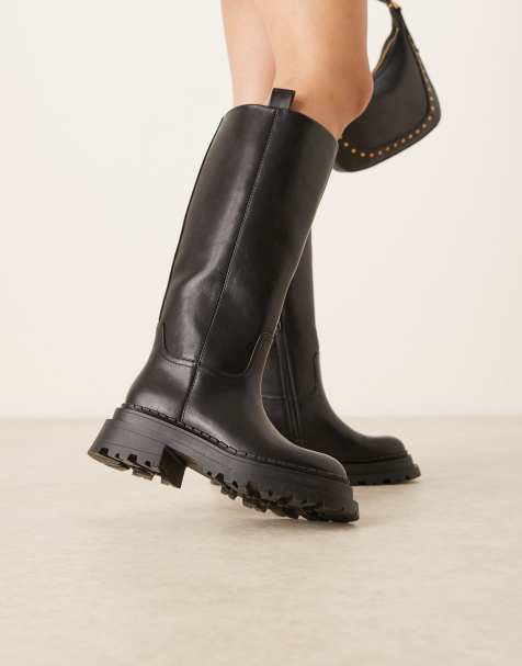 ASOS DESIGN Cecilia chunky flat knee boots in black - view 1