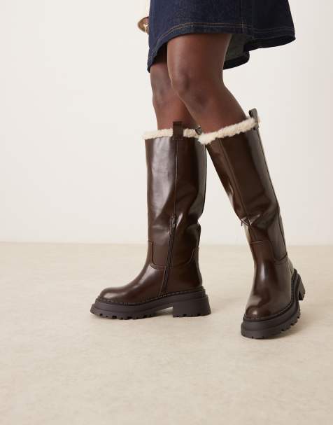 ASOS DESIGN Cecilia chunky flat knee boots in chocolate with borg lining - view 1