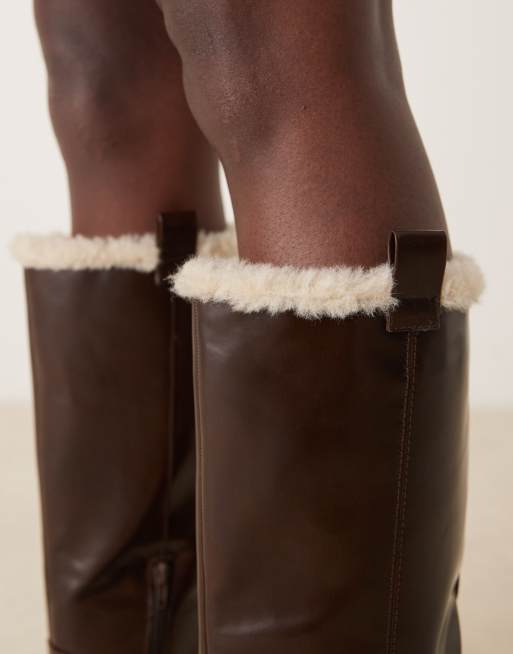 ASOS DESIGN Cecilia chunky flat knee boots in chocolate with borg lining, 2 of 4