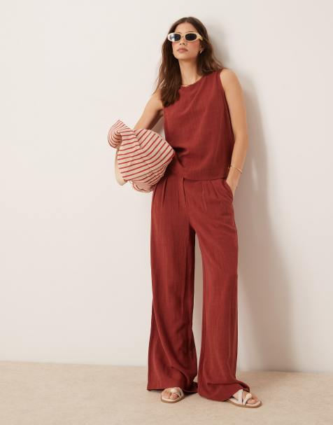 ASOS DESIGN linen pleat front wide leg trousers co-ord in brick red 
