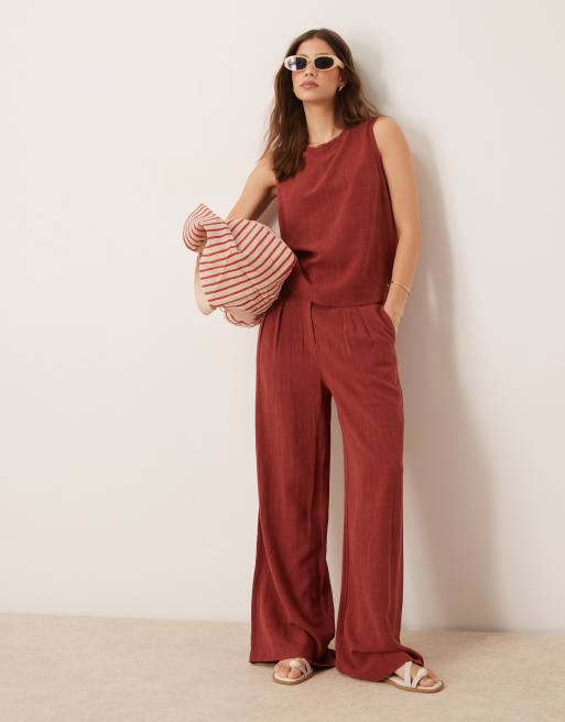 ASOS DESIGN – Ceglanoczerwone lniane spodnie z szerokimi nogawkami i zakładkami z przodu, część zestawu 