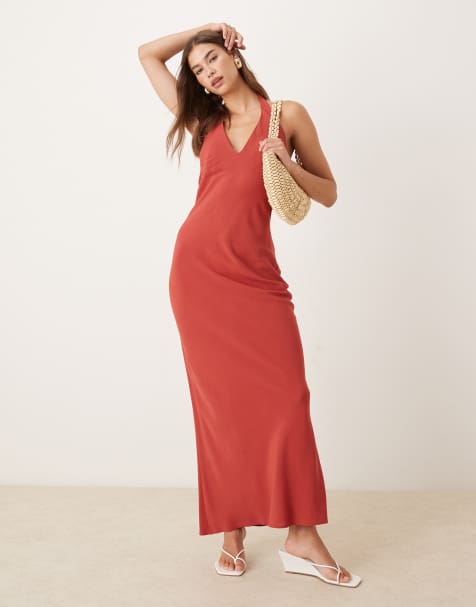 ASOS DESIGN linen blend halter maxi dress in brick red