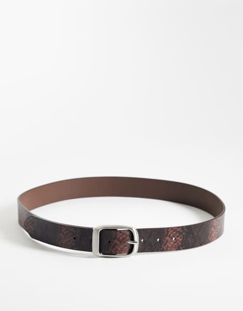 ASOS DESIGN - Ceinture à imprimé serpent avec boucle arrondie argentée effet brossé - Marron - view 1