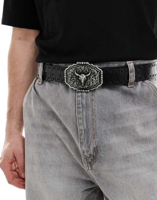 ASOS DESIGN - Ceinture avec plaque style cowboy de western en similicuir et à surpiqûres - Noir