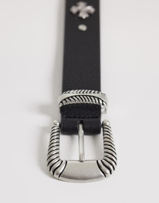 ASOS DESIGN - Ceinture cloutée à croix en similicuir avec boucle texturée style western - Noir, 3 de 3