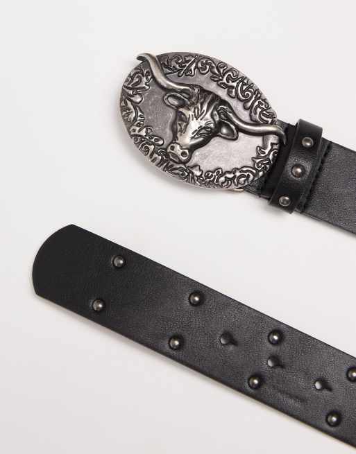 ASOS DESIGN - Ceinture cloutée en imitation cuir avec boucle plaque style western à taureau - Noir, 3 de 3