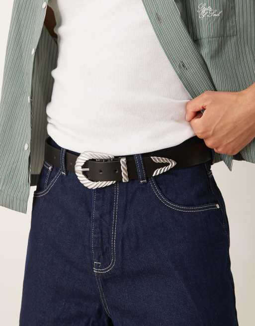 ASOS DESIGN - Ceinture de jean style western en similicuir avec détails rainurés - Noir/argent vieilli