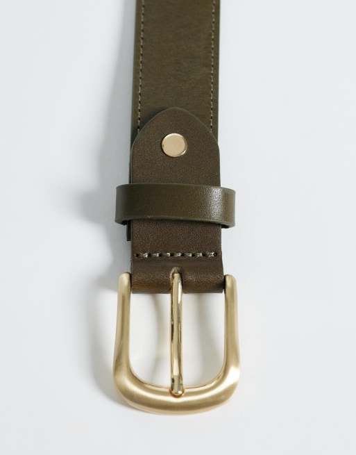 ASOS DESIGN - Ceinture élégante en cuir avec clou et boucle dorée arrondie - Kaki, 2 de 3