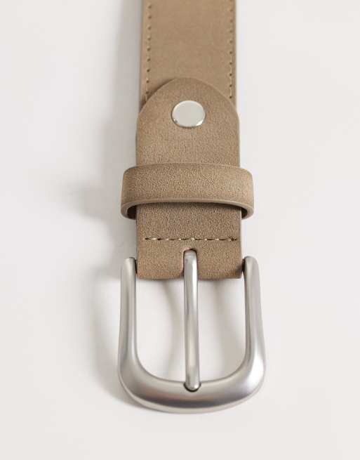 ASOS DESIGN - Ceinture élégante en imitation daim avec clou et boucle argentée à bords arrondis - Beige, 3 de 3