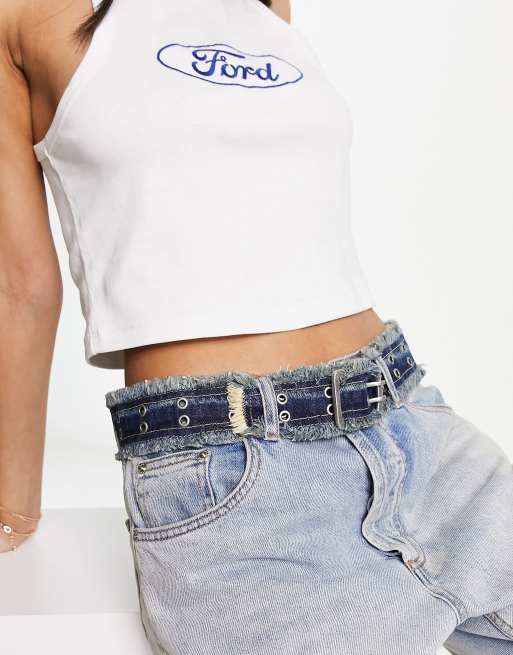 ASOS DESIGN - Ceinture en denim effet usé avec œillets - Bleu