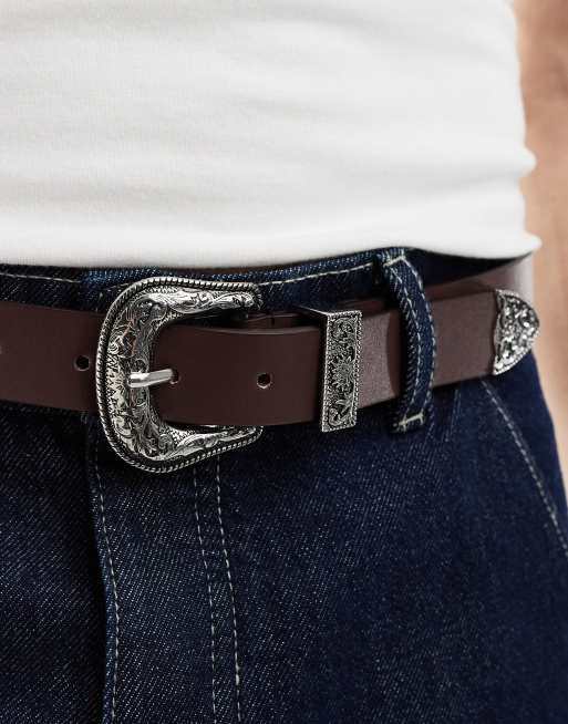 ASOS DESIGN Ceinture en similicuir avec boucle argentee style western Marron