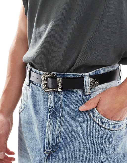 ASOS DESIGN - Ceinture en similicuir avec boucle argentée style western - Noir