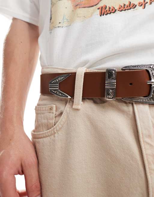 ASOS DESIGN Ceinture en similicuir avec boucle style western Marron