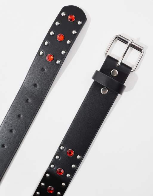 ASOS DESIGN - Ceinture en similicuir avec clous et strass rouges - Noir, 2 de 4