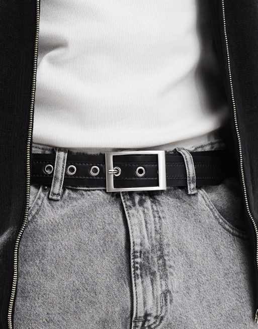 ASOS DESIGN - Ceinture en similicuir avec coutures visibles et boucle rectangulaire argentée - Noir