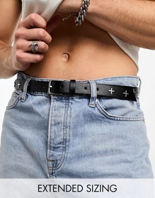 ASOS DESIGN black faux leather belt with metal cross embellishment - ASOS Price Checker