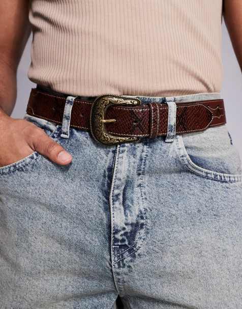 ASOS DESIGN - Ceinture en similicuir effet serpent style western à surpiqûres contrastantes - Marron - view 1