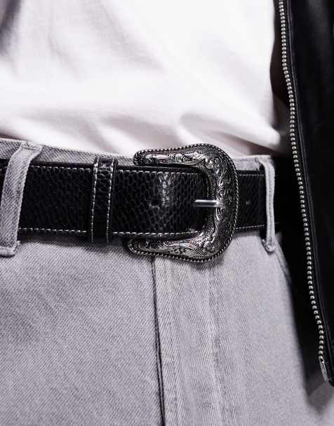 ASOS DESIGN - Ceinture en similicuir effet serpent style western à surpiqûres contrastées - Noir - view 1