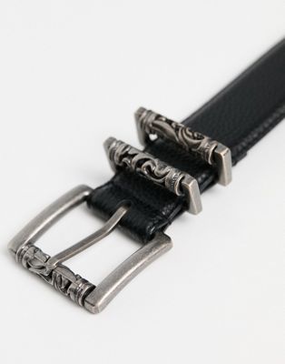 ASOS DESIGN faux leather pebbled belt with engraved burnished buckles in black - ASOS Price Checker