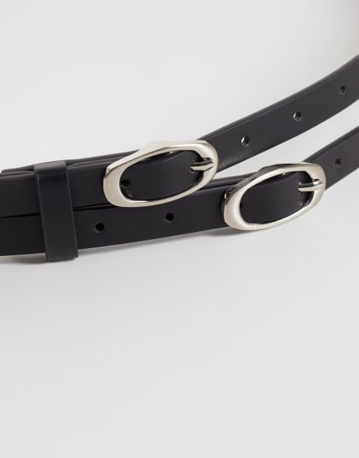 ASOS DESIGN ceinture fine à double bride en imitation cuir avec boucle ovale noire, 2 de 3