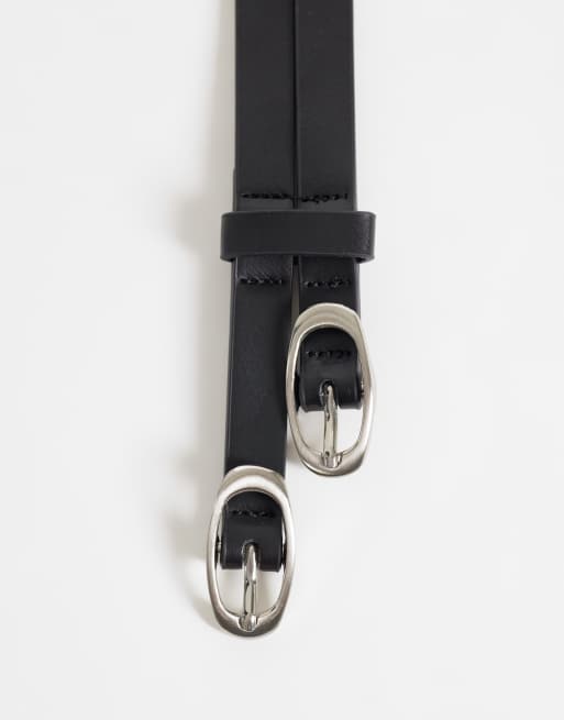 ASOS DESIGN ceinture fine à double bride en imitation cuir avec boucle ovale noire, 3 de 3