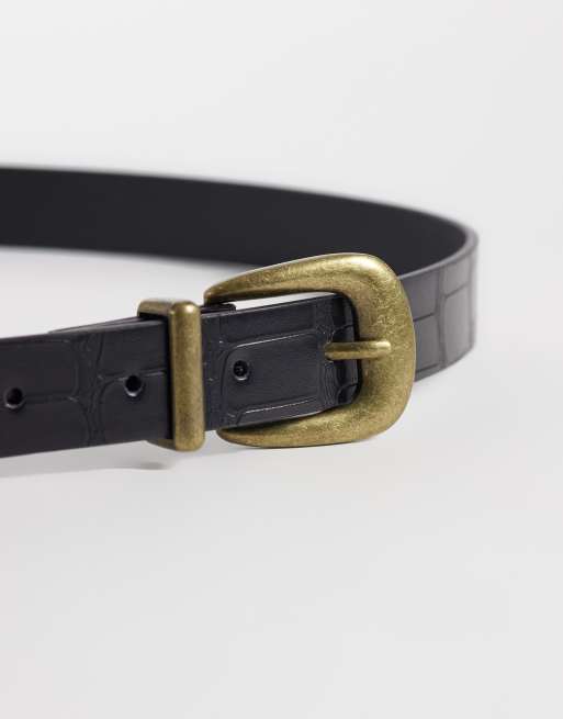 ASOS DESIGN - Ceinture fine avec boucle dorée arrondie et extrémité en métal - Noir, 3 de 3
