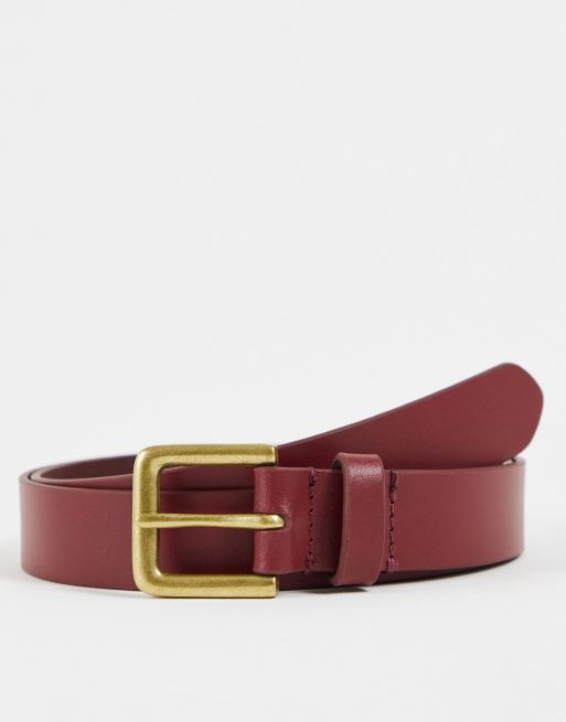 ASOS DESIGN - Ceinture fine en cuir à boucle dorée - Bordeaux