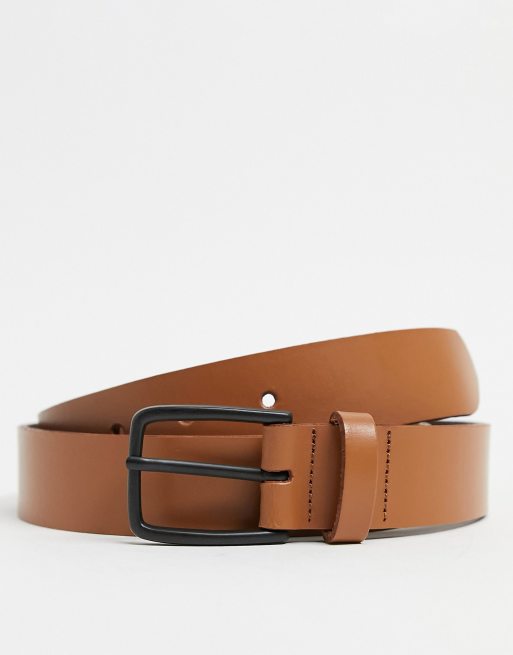 ASOS DESIGN - Ceinture fine en cuir avec boucle noir mat - Fauve & crème