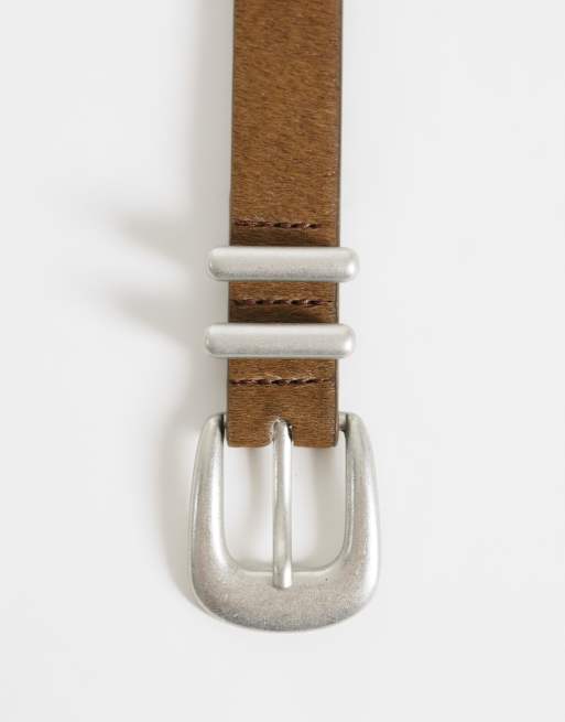 ASOS DESIGN ceinture fine en cuir de vache avec boucle incurvée et embout métal marron, 3 de 3