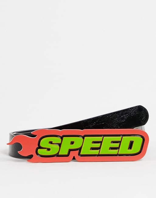 ASOS DESIGN - Ceinture fine en similicuir avec boucle « Speed » à flammes - Noir