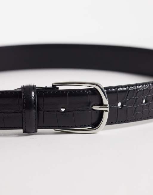 ASOS DESIGN - Ceinture fine en similicuir effet croco texturé avec boucle ronde argentée - Noir, 2 de 3
